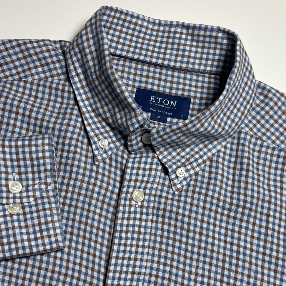 Eton Casual Lightweight Flannel Shirt Men's XL 17/43 Blue Brown Check‎ Preppy